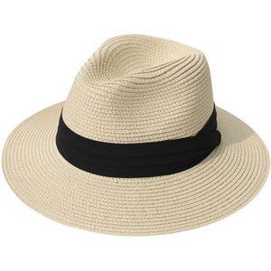 Lanzom Women Wide Brim Straw Panama Roll up Hat Fedora Beach Sun Hat UPF50+